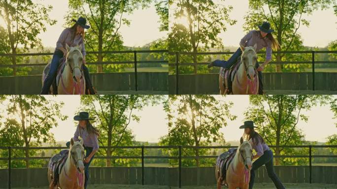 戴着牛仔帽的年轻女子在被树木环绕的牧场上从马背上下来