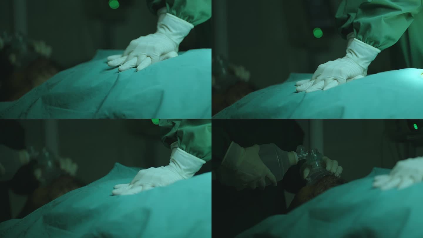 在医院的手术室里，一名外科医生正在为一名在手术中呼吸衰竭的危重病人进行心肺复苏术，而护士则在帮助他给