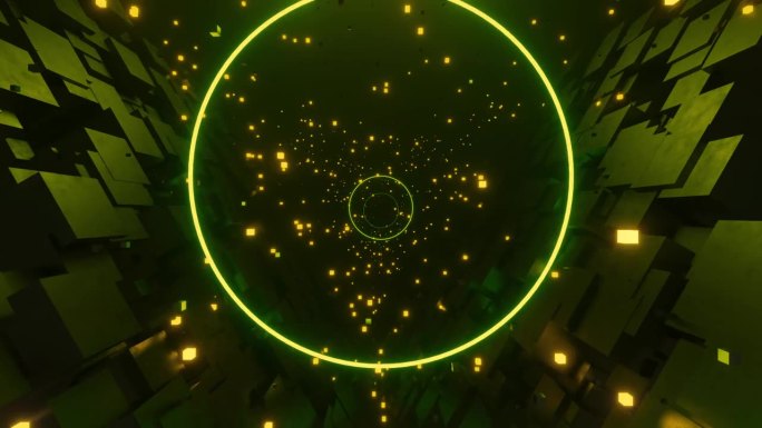 4K动画循环未来科幻抽象背景VJ循环黄绿色隧道动态图形。在中间圈出文字位置。科幻无缝循环视频完美的V