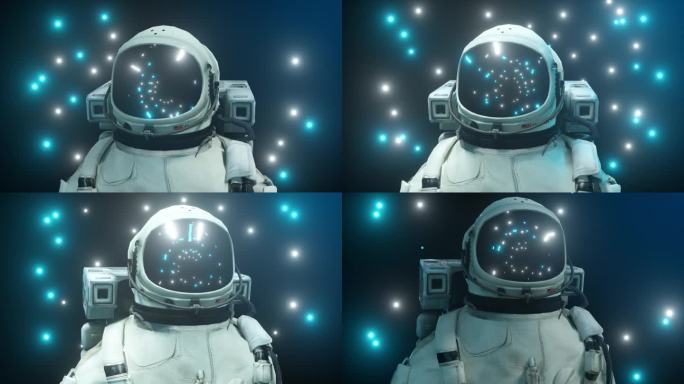 宇航员被闪烁的霓虹灯环绕。无缝循环3D动