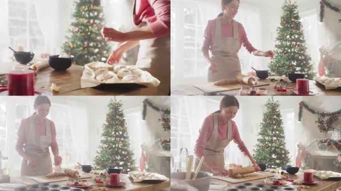 慢动作肖像女厨师准备面团和制作姜饼在家里圣诞节。快乐的小企业主为她的商店精心制作自制糕点，为假期做准