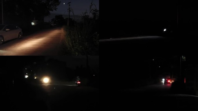 夜间山村车辆车灯光夜树林晚上夜晚车流灯光