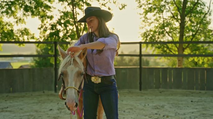 戴着牛仔帽微笑的年轻女子在树木环绕的牧场上抚摸着马
