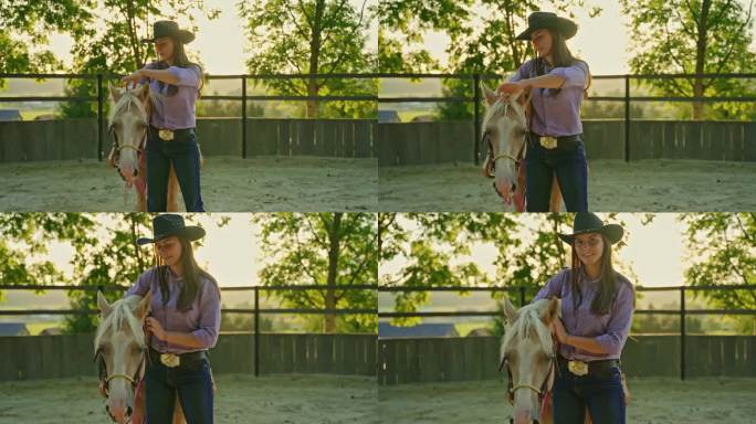 戴着牛仔帽微笑的年轻女子在树木环绕的牧场上抚摸着马