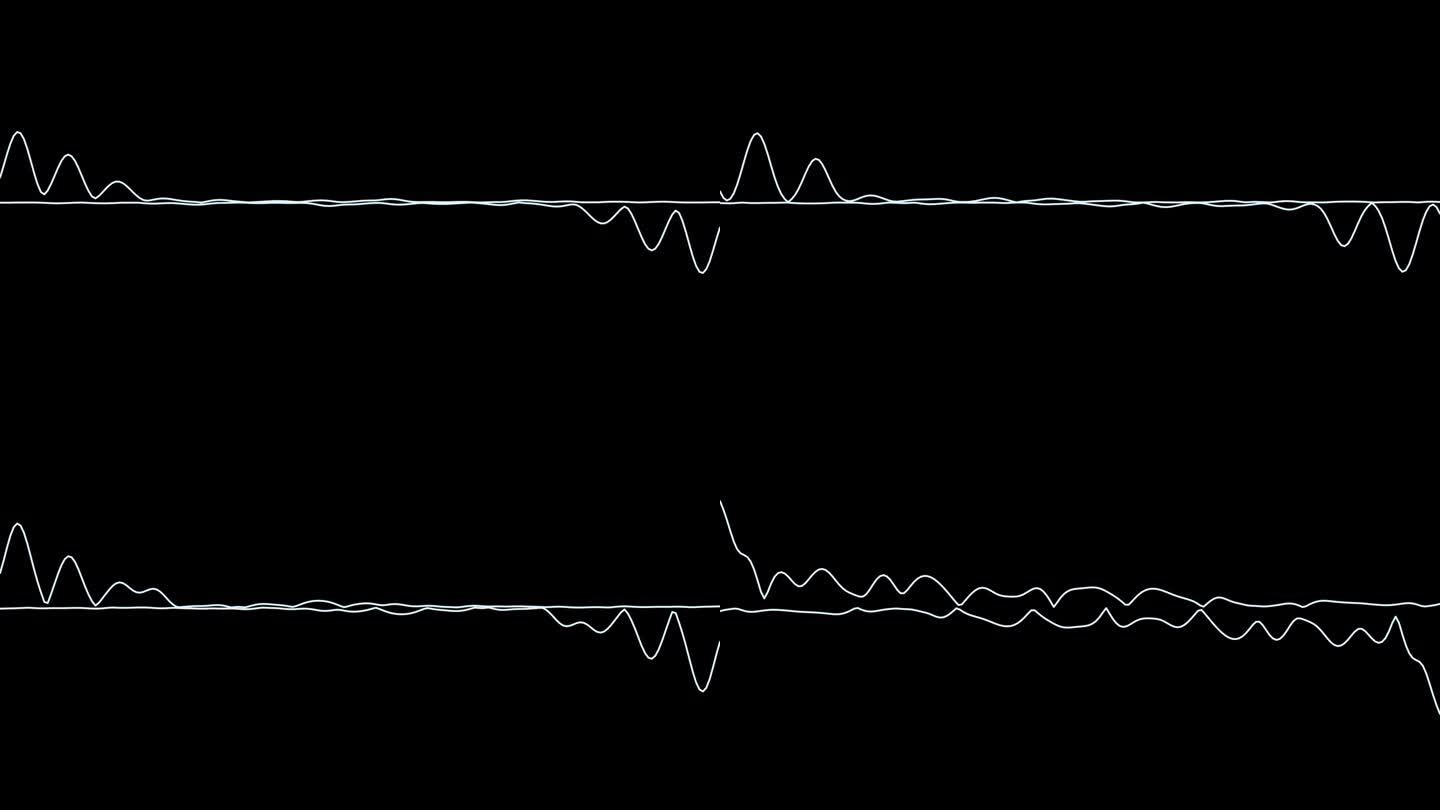 4k抽象音乐声波或音频波从孤立的黑色背景。线数字极简的声音和音轨波均衡器。形状线体积或语音符号动画背
