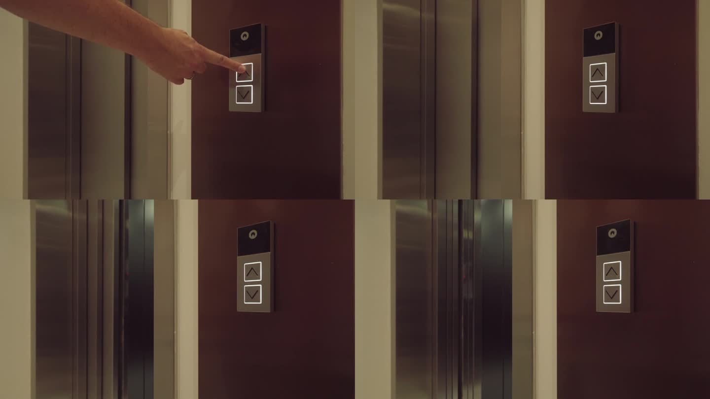 那人按下电梯呼叫按钮，走了进去。特写镜头