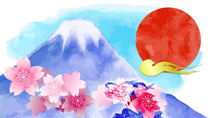 水彩画富士山和龙拜年2024