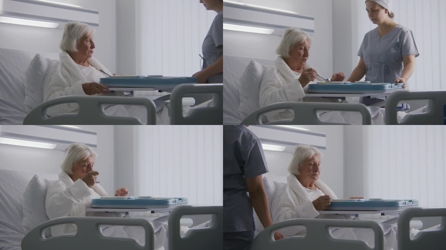在明亮的医院病房里，一位老妇人躺在床上吃饭