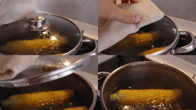 玉米在锅里沸腾，我慢慢地打开锅盖查看。