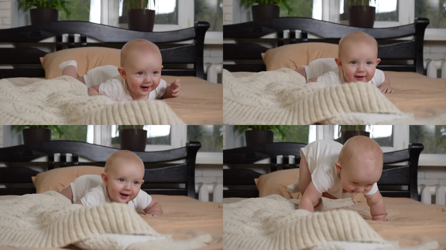 一个心满意足的小耳朵婴儿正试图在床上爬。