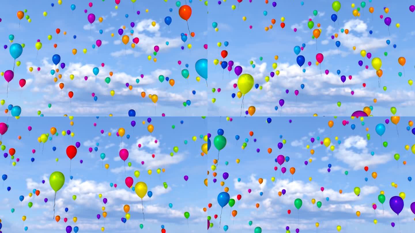 数以百万计的彩色气球漂浮到多云的天空- 4K无缝VJ循环运动背景动画