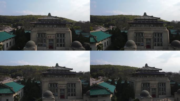 航拍武汉大学教学楼历史建筑与樱花大道