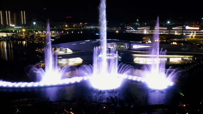 成都科幻馆航拍喷泉全过程多方位展示夜景