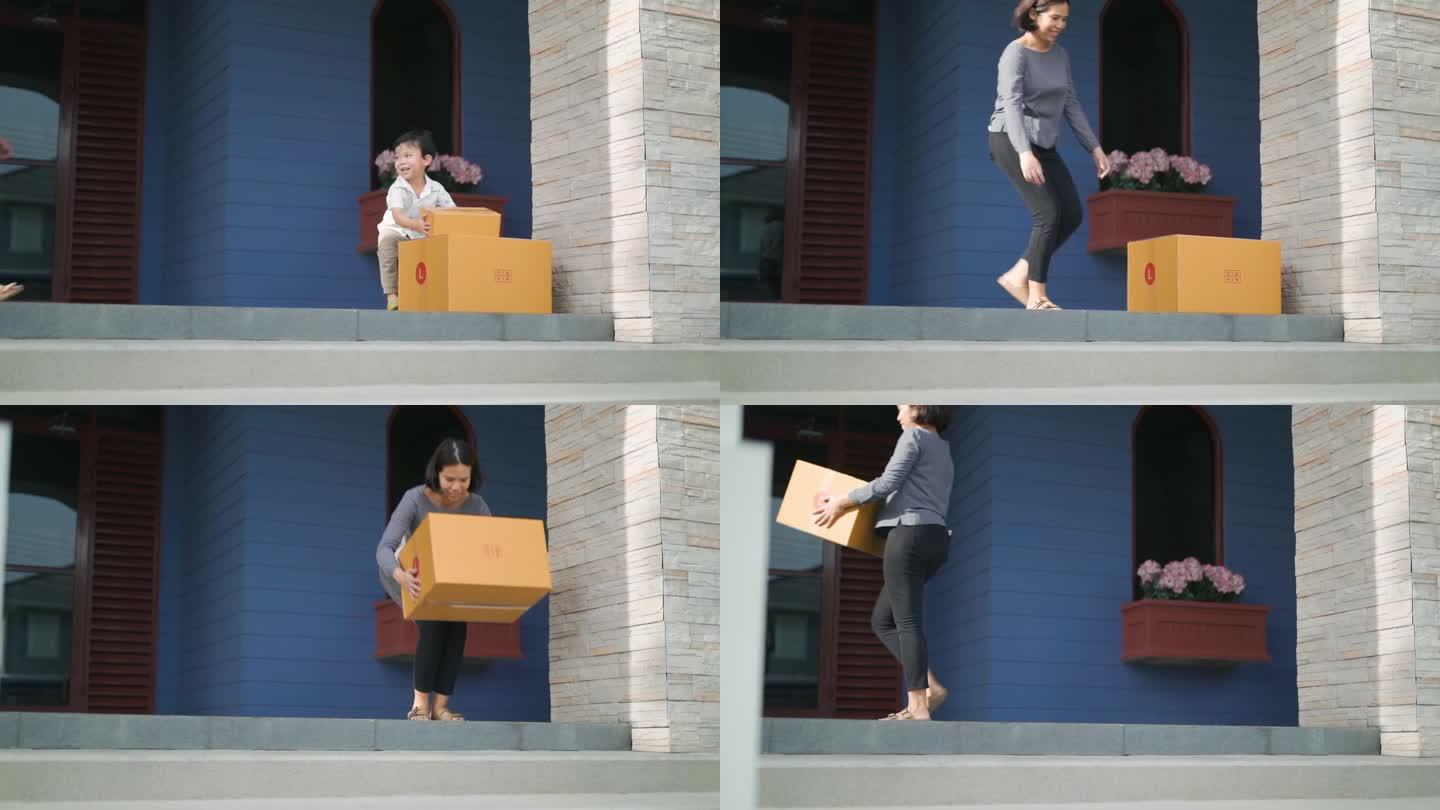 一名妇女走到自家门前，从掉在地上的邮递员手中接过包裹。