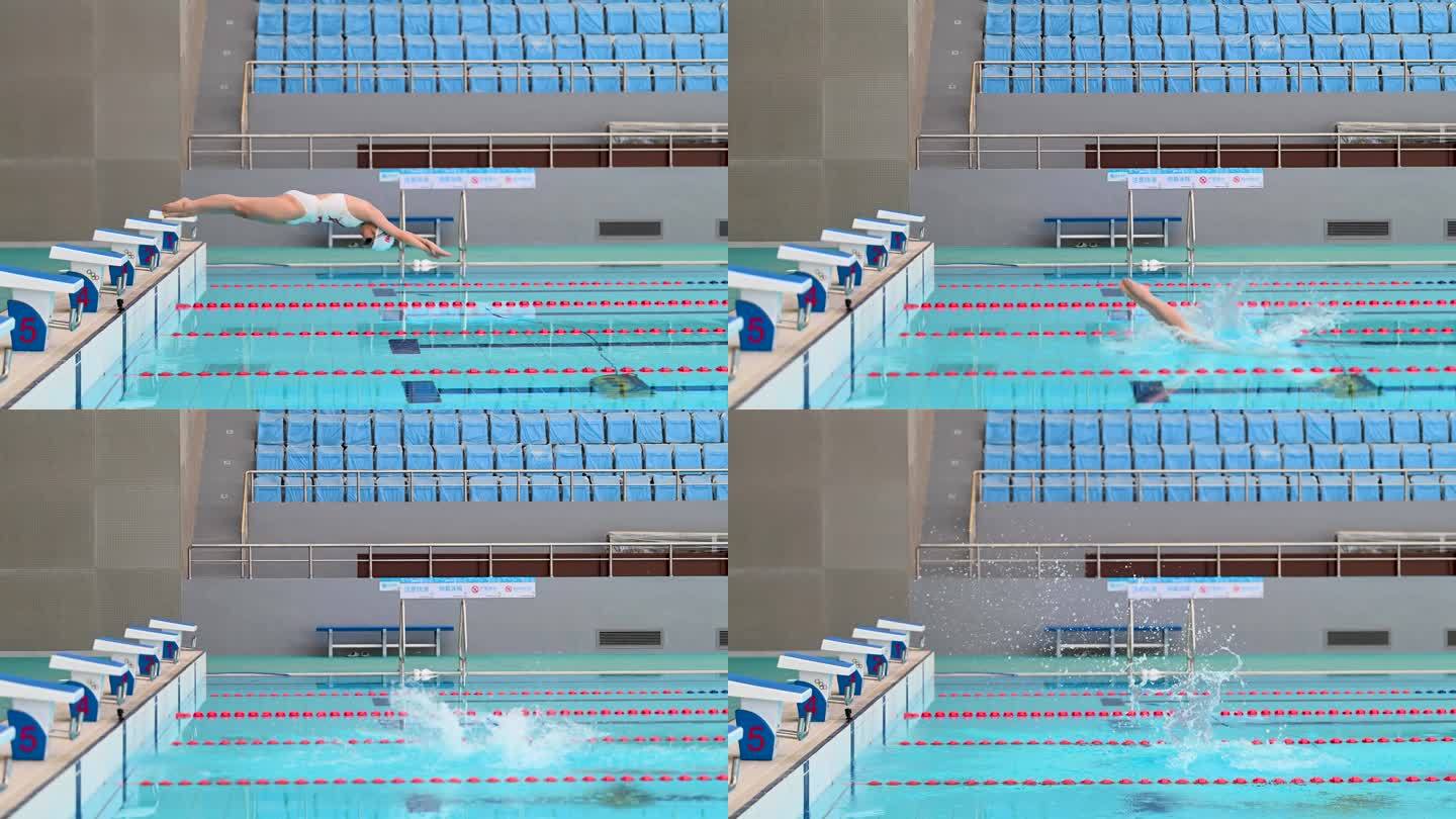 跳水运动员比赛水花视频慢动作游泳素材入水