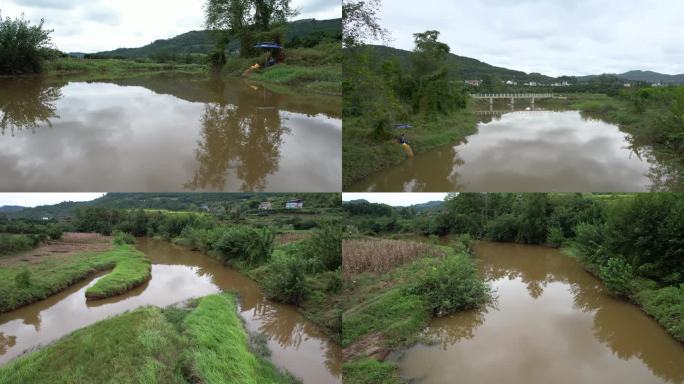 农村小河流垂钓河岸钓鱼