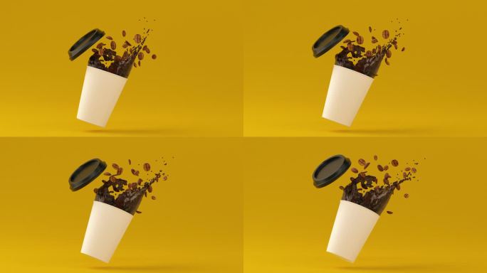 咖啡点促销新鲜能量饮料溢出杯慢动作悬浮豆子和液体4k