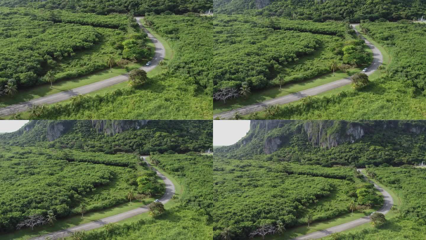 拉出汽车沿着森林道路行驶的镜头，同时在背景上露出高山
