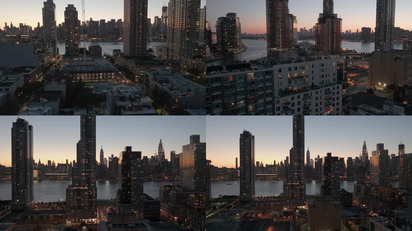航拍纽约曼哈顿LIC海滨摩天大楼夜景灯光