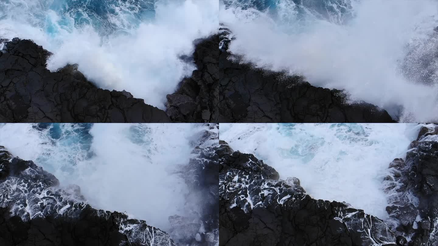 海浪与黑色岩石、火山峭壁相遇，鸟鸣