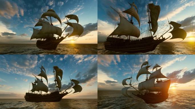 古代帆船船扬帆起航乘风破浪远航远洋征程