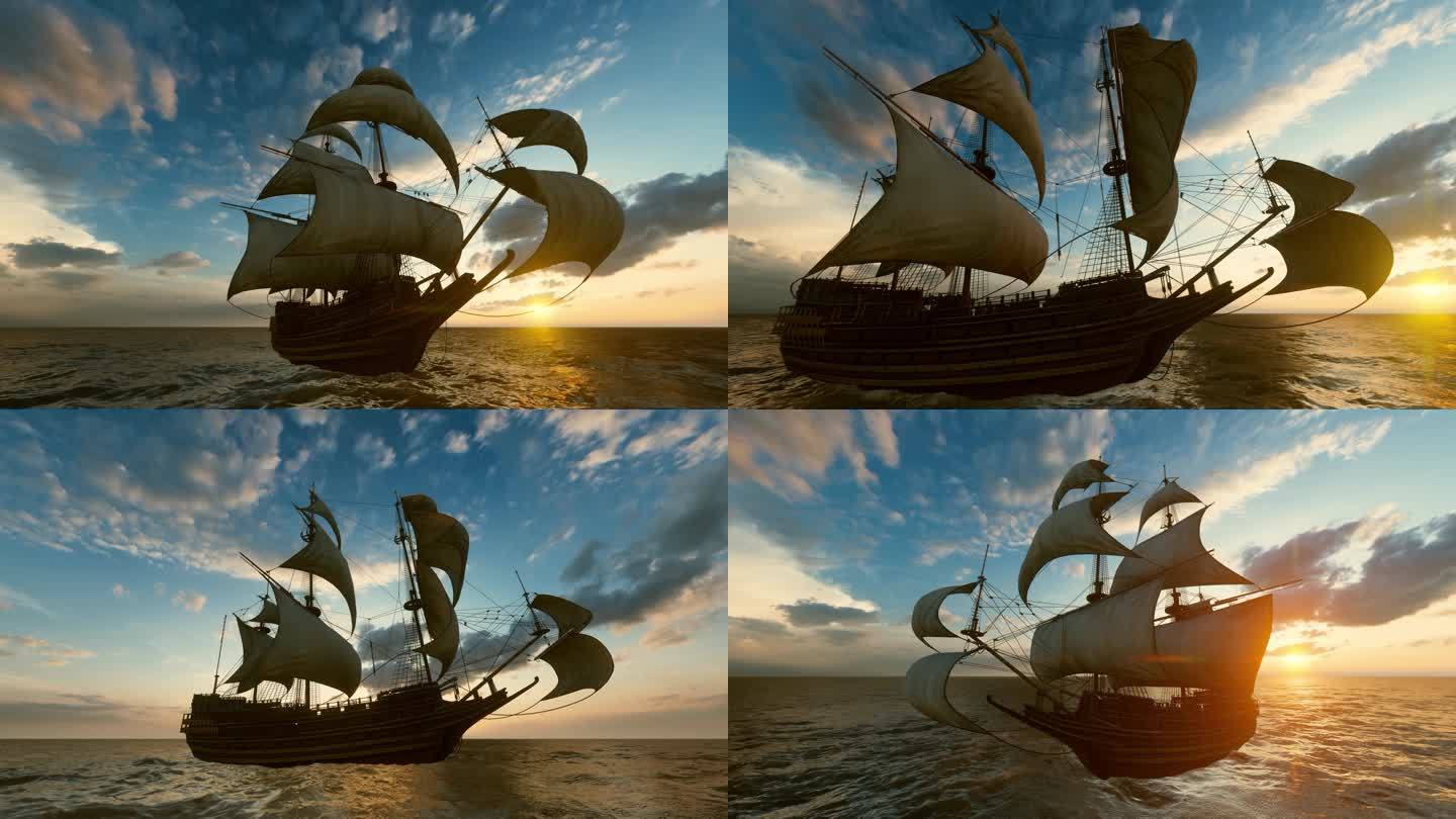 古代帆船船扬帆起航乘风破浪远航远洋征程