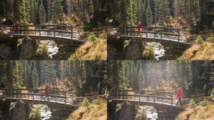 在一个阳光明媚的秋日里，一个女人走过一座木桥