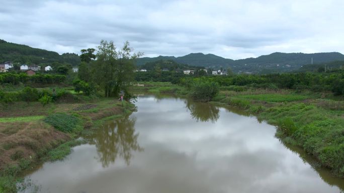 航拍河流村庄村子河岸