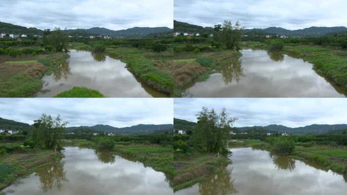 航拍河流村庄村子河岸