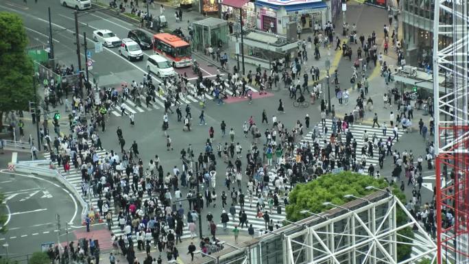 涩谷，东京，日本:从高空俯瞰涩谷十字路口。