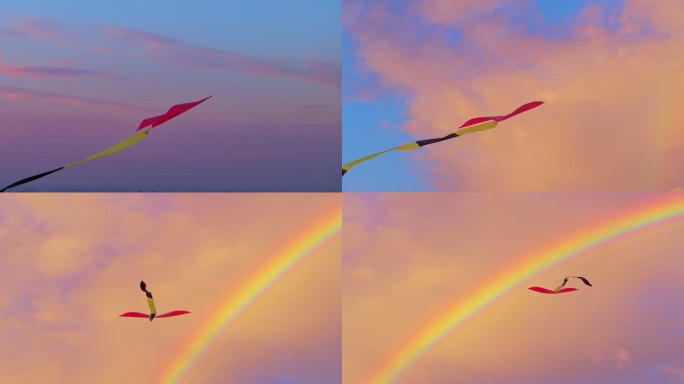 航拍风筝在天空翱翔，追逐，彩虹 意境