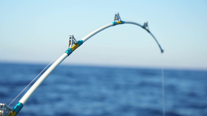 在海上的摩托艇上，电动渔轮旋转并自动停止大渔获的弯曲鱼竿的特写
