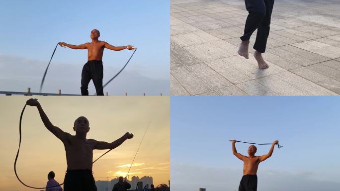 跳绳的男子老人背影江边晨跳绳运锻炼身体