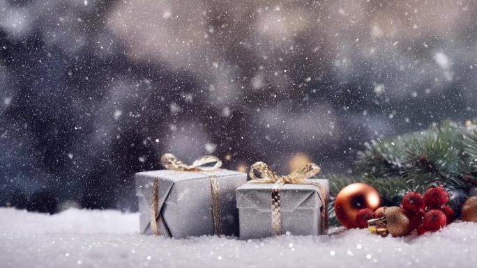 在雪景中，一堆包装精美的圣诞礼物被巧妙地摆放着，每个包裹都小心翼翼地放在闪闪发光的雪地上。