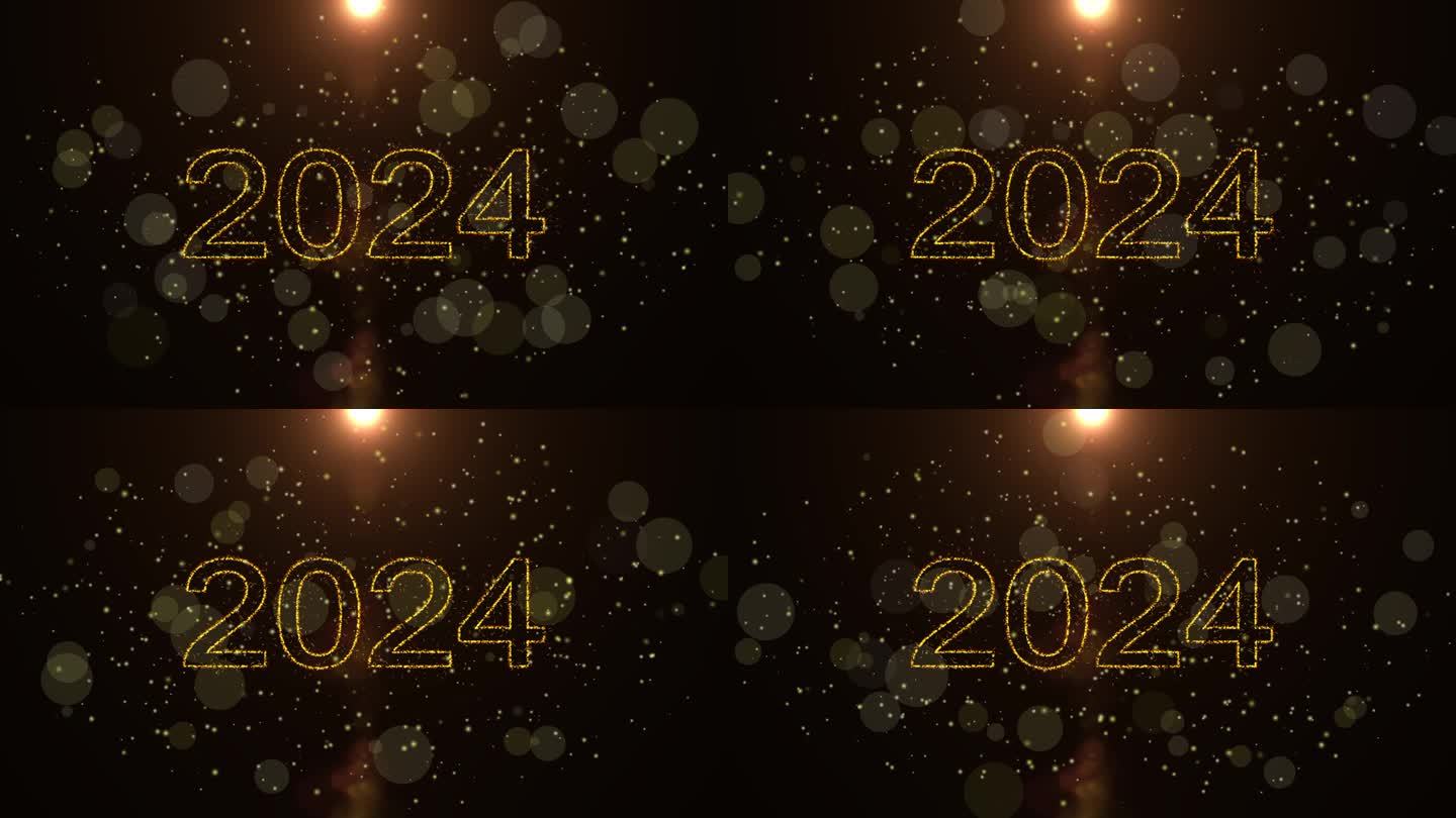 2024年新年背景为金光闪闪的新年，金色闪耀的颗粒标题为喜庆的新年动画