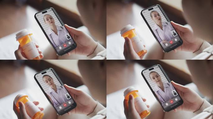 生病的女人用智能手机和她的医生视频通话