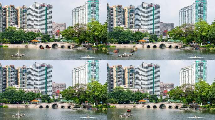 广州荔湾湖公园拱桥景观和观光游船延时摄影