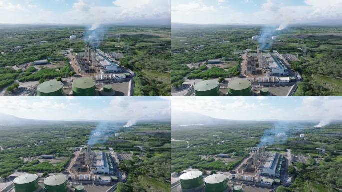 空中环绕着多米尼加共和国阿祖阿的现代发电厂，风景优美