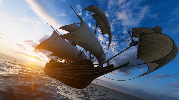 大海海上帆船迎着太阳航行年会开场片头动画