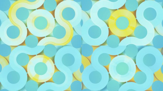 对称的黄蓝色圆形线条图案与移动的纹理。几何抽象艺术背景。3d渲染无缝循环动画4K