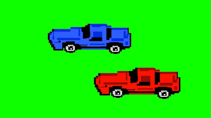 两辆红色和蓝色汽车的动画视频，16位风格，绿色背景，像素艺术。