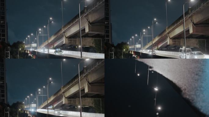 深夜城市高架桥匝道汽车
