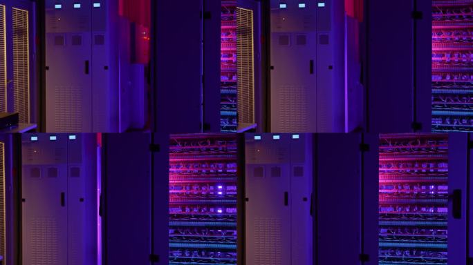 数据中心、网络、霓虹灯下的服务器机房、成排的运行服务器机架、电信、云计算、人工智能、数据库、超级计算