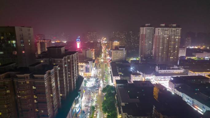河南新乡市城市夜景交通航拍移动延时