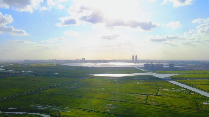 上海滴水湖南汇嘴观海公园草地全景航拍