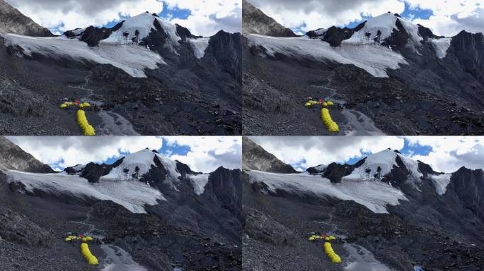 航拍川西贡嘎山区乌库楚雪山登山者C1营地