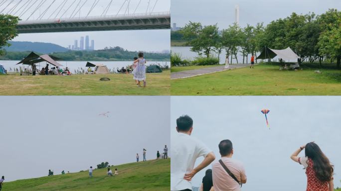 周末城市江边露营