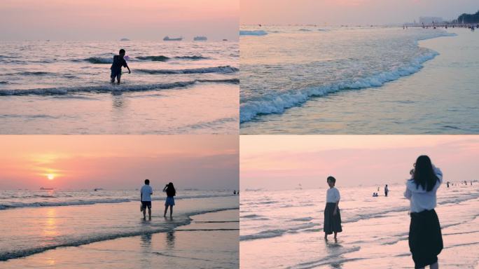 沙滩海边游客夕阳美景