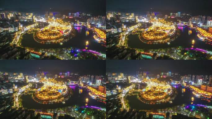 贵州铜仁中华门古城夜景环绕航拍延时