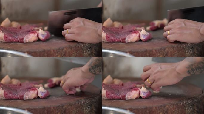 在砧板上切牛肉